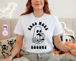 Read more boooks Png, R.I.P. Png, Halloween Reading Png, Spooky Season Png, Cute Ghost Reading Book Png, Bookworm Png, Halloween Gifts